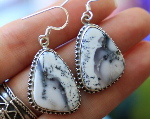 RARE JASPER EARRINGS - 925 - Sterling Silver Crystal Earrings - Monochrome - Black and white crystal - Snowflake - Flower Crystal - Unique
