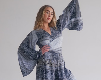 Conjunto de mono - Conjunto de 2 piezas - Manga acampanada y pantalón de seda - Estilo mono - Acampanado - Pierna ancha - Ropa de estar por casa - Conjunto de pantalón - Estilo vintage años 70