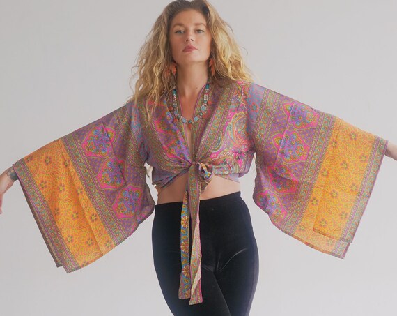 PAISLEY SHINE TOP - Indian Silk Bell Sleeve - Hippie Wrap - Retro - 70s - 60'S - Recycled - Silk Kimono - Stevie Nicks - Dancer - Kaftan Top