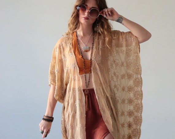 GOLD KISS KIMONO - Bohemian Wedding - Vintage 70's - Summer - Holiday Cape - 60's - Beach Cover up - Batwing Silk Dress - Gypsy - Tribal