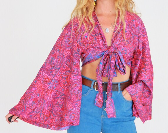 STEVIE NICKS CROP - Bell sleeve top - Crop Top - Vintage - Festival - Hippie - Retro - 70s - 60'S - Recycled Silk - Kimono - Cover up - Wrap