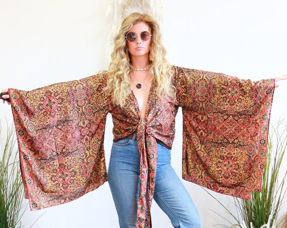 BELLA XL SLEEVE - Batwing Japanese Kimono - Indian Silk - Hippie Kaftan - 70's Boho Wrap Around Top - Gypsy - Floaty Crop Jacket - Cardigan