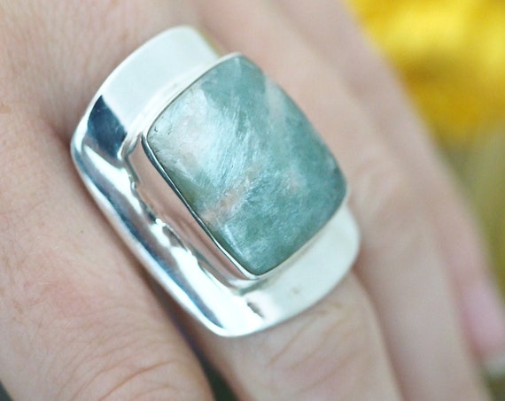 LUXURY SERAPHINITE RING - Xl Seraph Crystal - Incredible Adjustable Ring - Chunky Solid 925 Silver - Green Gemstone - Cosmic Glowing Crystal