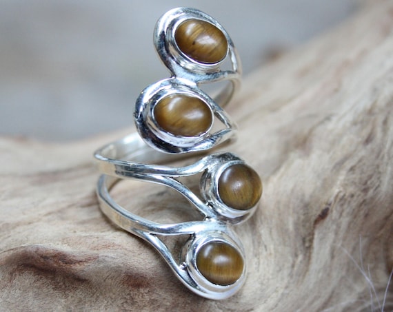 4 Stone Tigers Eye Ring - ADJUSTABLE - 925 Sterling Silver Ring - Statement Ring - Healing Crystal - Crystal Jewellery - Gift - Vintage Ring