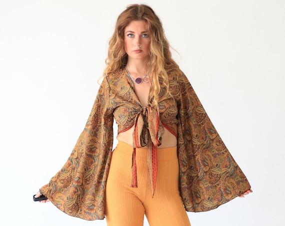 STEVIE BELL SLEEVE - Paisley Bell sleeve Crop Top - Vintage - Festival - Hippie - Retro - 70s - 60'S - Recycled Silk - Kimono - Cape - Beach