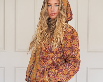 INDIAN BOMBER JACKET - Thermal Fleece - Indian Silk Coat - Recycled - Slow Fashion - Unisex - Vintage style jacket - Hoodie - Aztec Boho