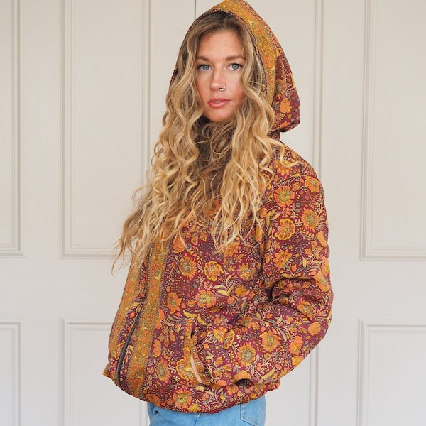 INDIAN BOMBER JACKET - Thermal Fleece - Indian Silk Coat - Recycled - Slow Fashion - Unisex - Vintage style jacket - Hoodie - Aztec Boho