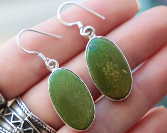 RARE TURQUOISE EARRINGS - Natural Green Turquoise - 925 Sterling Silver Earrings - Gemstone - Vintage style - Bold Crystal Earrings - Navajo