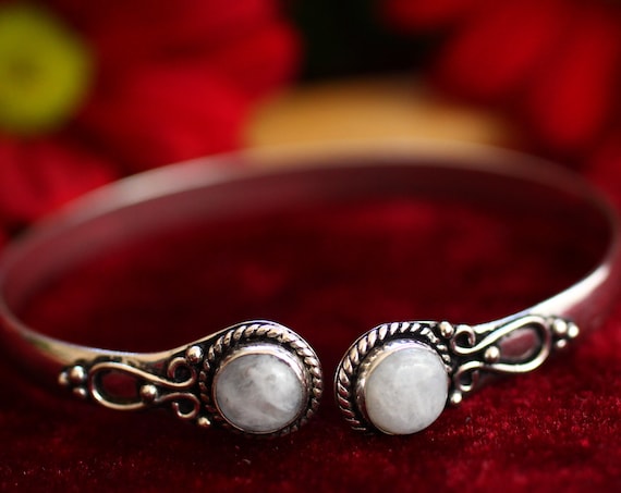 TIBETAN MOONSTONE CUFF - Crystal Bracelet - Moon Jewellery - Healing Gemstone Chakra - Vintage style bangle - Reiki - Spiritual - Yoga Gift