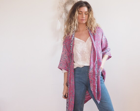 PINK SKY KIMONO - Silk Cardigan - Cover Up - Bohemian Beach Kaftan - Lounge Wear - Wrap Around Kimono - Lingerie Dress - Vintage Silk jacket