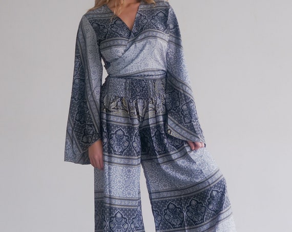 JUMPSUIT Co ORD SET - 2 Piece set - Silk Bell sleeve & Trousers - Jumpsuit Style - Flares - Wide leg - Lounge wear - pant set - Vintage 70's