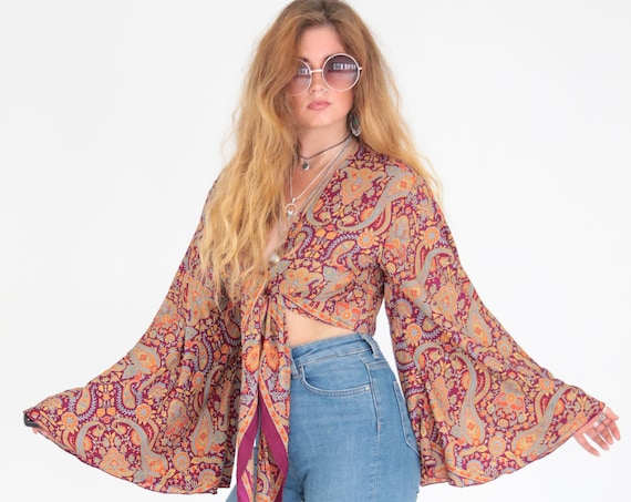 VIOLET PAISLEY TOP - Bell sleeve crop top - Silk Tie Top - Vintage Festival Top - Hippie - Retro - 70s - Recycled Silk - Couture Blouse
