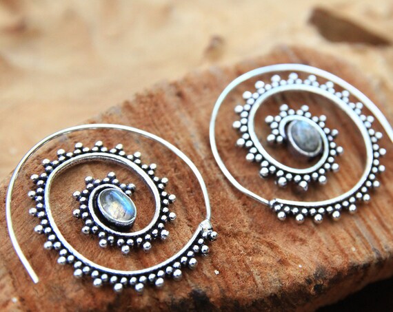 LABRADORITE SPIRAL EARRINGS - Statement Crystal Earrings - Tribal Twist Earrings - Sacred Geometry - Ethnic Jewellery Gift - Stocking filler