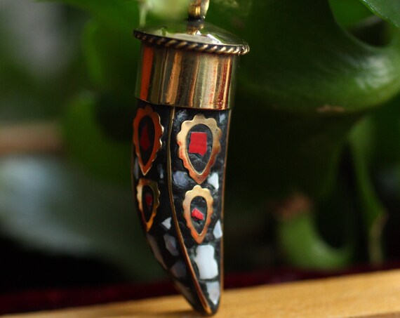 MOSAIC HORN NECKLACE - Unisex Pendant - Vintage Nepalese Tibetan - Brass - Antique - Good luck - Mens Hippie Gift - Grunge - Retro Vibes