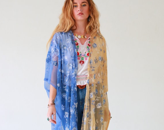 GOLD KISS KIMONO - Bohemian Wedding - Vintage 70's - Summer - Holiday Cape - 60's - Beach Cover up - Batwing Silk Dress - Gypsy Style - Eco