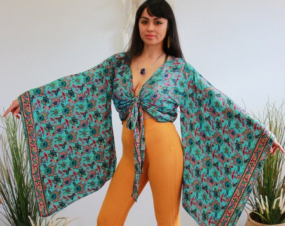 BELLA WRAP TOP - Ruby Sparrow Batwing kimono - Vintage Japanese Style - Indian Silk - 60's 70's Boho - Gypsy Summer Tie Top - Stevie Nicks
