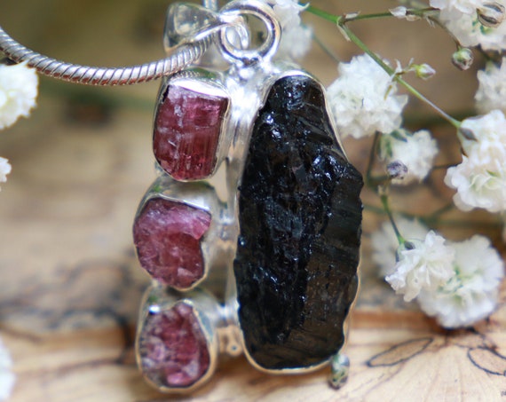 RARE MULTISTONE NECKLACE - Black Tourmaline - Rare Raw Rubies - Sterling Silver - Natural Ruby - Black Crystal - Unisex - Rough Gemstone