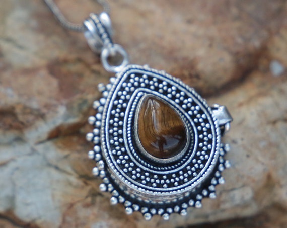 TIGERS EYE LOCKET - Pill box - Silver plated - Mantra Box - Crystal - Gemstone - Stash box Necklace - Festival - Perfume - Sale - Keepsake