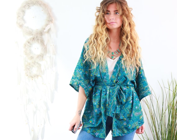 TURQUOISE DREAM KIMONO - Silk Jacket - Bohemian Kaftan - Recycled - Wedding - Summer Crop - Autumn Shawl - Wrap Top - Dressing Gown - Home