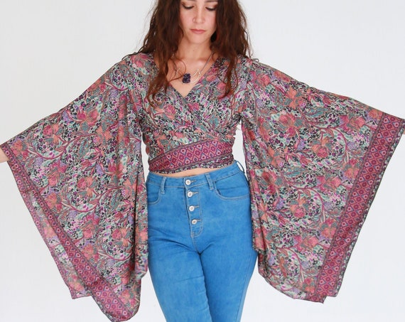 BELLA WRAP TOP - Ruby Sparrow Batwing kimono - Vintage Japanese Style - Indian Silk - 60's 70's Boho - Gypsy Summer Tie Top - Stevie Nicks