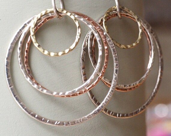RECYCLED METAL EARRINGS - Mixed metal - 925 Sterling Silver - Brass - Copper - Vintage - Stamped Silver - Statement Hoops - Xl Hoop Dangle