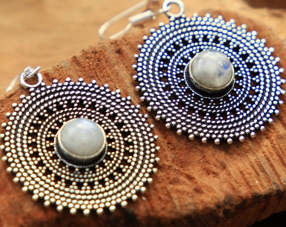 RUSTIC MOONSTONE EARRINGS - Silver Plated Bohemian Jewelry - Oxidised Vintage style- Antique feel - Stocking Filler Jewellery - Crystal Gift