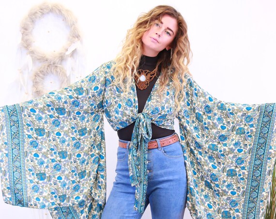 BELLA KIMONO - XL Bell sleeve - Batwing - Japanese Kaftan - Vintage Indian Silk - 60's Kimono - 70's Bohemian Wrap Around - Gypsy Crop Top
