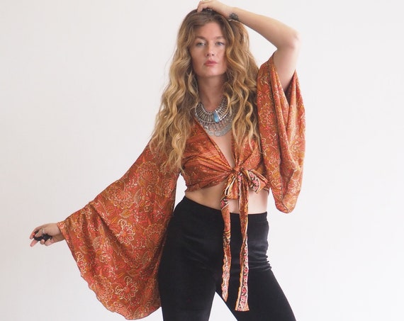 STEVIE NICKS CROP - Bell sleeve top - Vintage Style - hippie jacket - Hippie - Retro - 70s - 60'S - Recycled Silk - Kimono - Boho Tie Top
