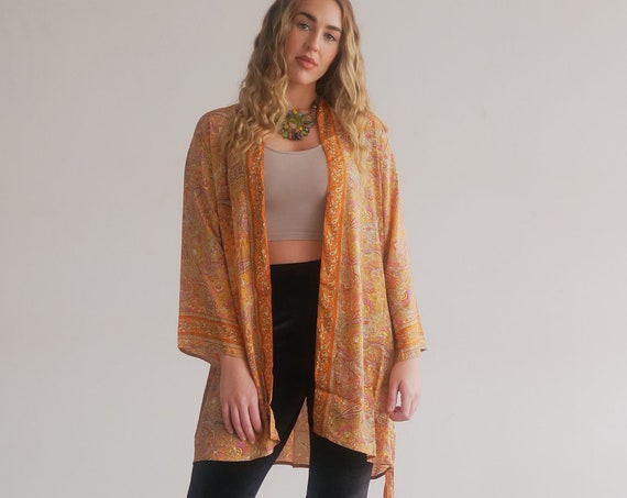 SUNRISE ORANGE KIMONO - Indian Silk Cardigan - Cover Up - Bohemian mid length Kaftan - Lounge - Wrap Around Kimono - Lingerie Jacket Gift