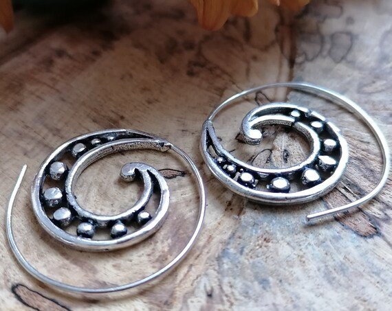 RETRO SWIRL EARRINGS - Silver Plate Earrings - Tribal - Twist - Sacred Geometry - Ethnic Jewellery - 70's hippie - Bohemian Stocking filler