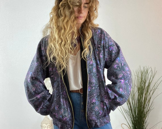 GREY SILK JACKET - Thermal Bomber Fleece - Indian Coat - Petite - Uk 8-12 - Recycled - Slow Fashion - Unisex Vintage style - Sale Clothing