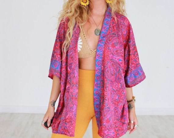 PINK POWER CROP - Bohemian Holiday Top - Summer Wedding - Autumn Kaftan - Indian Style Kimono - Silk Gypsy Top - Paisley kimono - Japanese