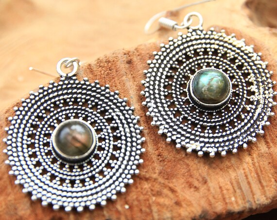 RUSTIC LABRADORITE EARRINGS - Silver Plated Earrings - Bohemian Jewelry - Oxidised - Antique feel - Stocking Filler - Jewellery Gift set