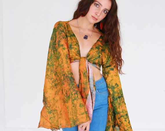 SUNSET TIE DYE - Vintage Indian Silk Bell Sleeve - Hippie Crop Top - 70s 60'S Stevie Nicks Style - Psychedelic Kimono Kaftan Cape - Trippy