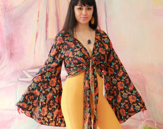 STEVIE NICKS CROP - Bell sleeve top - Vintage Style - kaftan jacket - Hippie - Retro - 70s - 60'S - Recycled Silk - Kimono - Cover up - Wrap