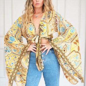 BELLA TIE TOP - Xl Bell sleeve top - Batwing Wrap Crop Top - Indian Silk - Oriental Style - Gold Print - Summer Bell sleeve - Hippie Shake