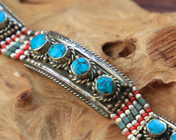 NEPALESE TURQUOISE BANGLE - Vintage Nepali Bracelet - Statement cuff - Tribal Gypsy Jewellery - Rare Antique Bracelet - Unique bespoke gift