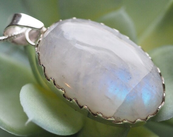 MOONSTONE SALE NECKLACE - Chipped - Hand carved bezel - Recycled Sterling Silver - X Large - Big Crystal Necklace - Glowing - Moon - Galaxy