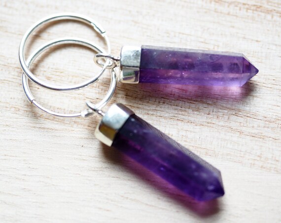 AMETHYST CRYSTAL DROP - Sterling silver Gemstone Earrings - Birthstone - Polished Crystal - Metaphysical gift - Healing Crystal - unisex