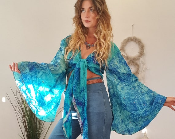 TIEDYE SILK TOP - Indian - Tie dye Bell Sleeve - Retro Hippie Top - 70s - 60'S - Slow Fashion - Stevie Nicks - Boho Style Wrap Around Dress