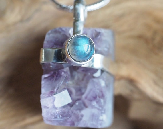 AMETHYST DRUZE PENDANT - Sterling Silver Necklace - Birthstone - Rough Natural Crystal - Raw Gemstone Necklace - Chakra - Boho Vintage Style