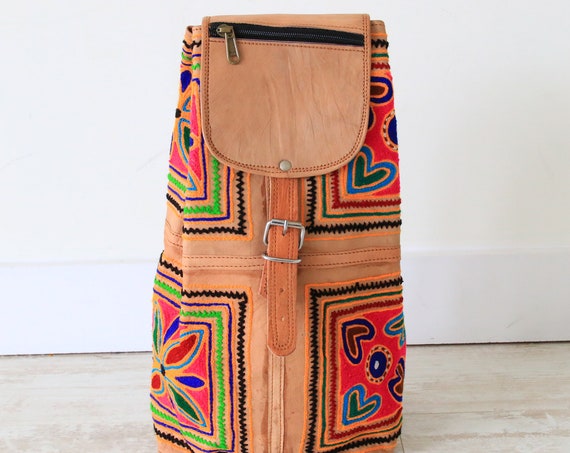 EMBROIDERED INDIAN BACKPACK - Vintage Leather Rucksacke - Bohemian - Back to school - Funky Rainbow bag - Recycled Leather - Travel Gift