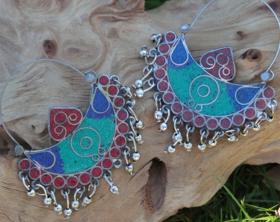 VINTAGE AFGHANI EARRINGS - Turquoise and Coral - Vintage - Bespoke - Tribal - Mosaic - Gypsy - One of a Kind - Statement - Festival - India