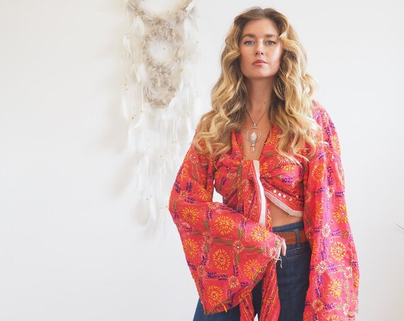 PINK FIRE CROP - Sheer bell sleeve Tie Top - Recycled Vintage Kimono - Hand embroidered Sequin jacket - 70's 60's hippie boho style - Wrap
