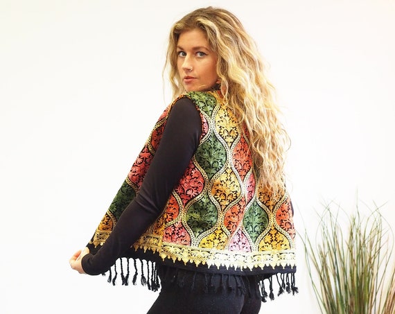 EMBROIDERED KASHMIRI WAISTCOAT - Indian Cotton - Viscose - 70's Hippie - Kashidi patchwork - Repurposed Scarf - Autumn Winter Vest - Folk