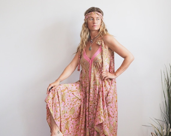 JUMPSUIT DRESS - Silk Dungarees with pockets! - Ruby Sparrow Festival Playsuit - Multi wear - Pocket dress - Backless - Pink sky - Wide Leg