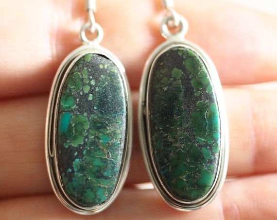 NATURAL TURQUOISE EARRINGS - Rare Turquoise - Recycled 925 Sterling Silver Earrings - Vintage Gemstone - Green Crystal - December Birthstone
