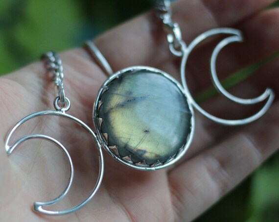 LABRADORITE GALAXY NECKLACE - Triple moon Goddess - Statement Sterling Silver Necklace - Moon child - Healing Crystal Necklace - Chakra Gift