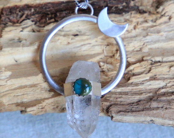 ORGANIC QUARTZ NECKLACE - Tibetan Turquoise - Raw Quartz - Moon Necklace - Gemstone - Powerful - Sterling silver - Chakra - Galaxy Gift