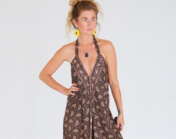 BLACK PAISLEY JUMPSUIT - Super Soft - Vintage Paisley Silk Blend - Hippie Dress - Backless - Romper - All in one harem pants - Summer Style